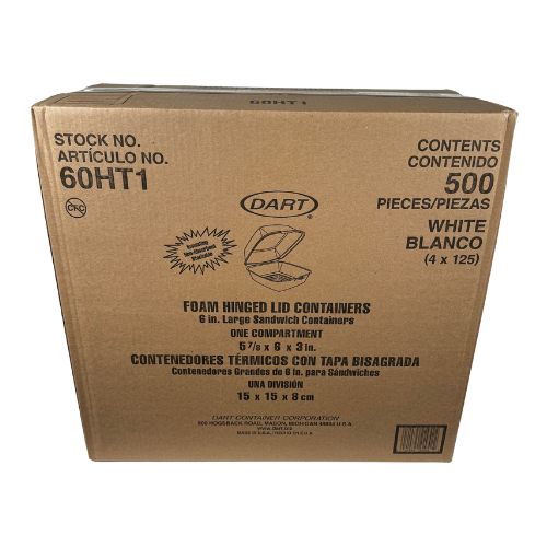 Dart® Sandwich Take-Out Container Hinged Large (LG) 5.82X6.11X3 IN XPS White Insulated 125 Count/Pack 4 Packs/Case