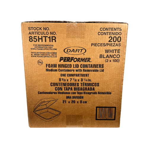 Dart® Take-Out Container Hinged 8.36X7.96X3.2 IN XPS White Insulated Convertible 100 Count/Pack 2 Packs/Case