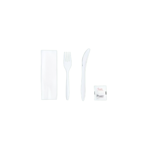 5PC Cutlery Kit PP White Medium Weight With Napkin,Fork,Knife,Salt & Pepper 250/Case